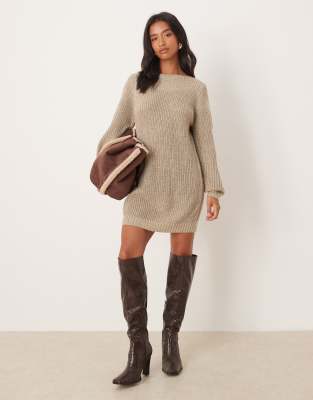 JDY Petite wide neck knit mini sweater dress in beige-Neutral