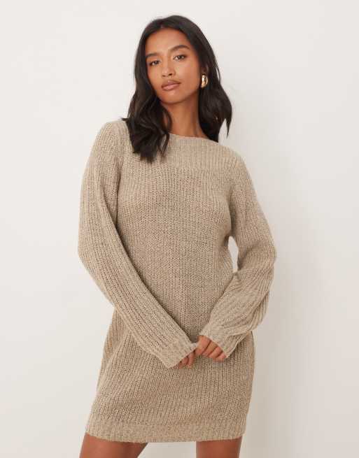 JDY Petite wide neck knit mini sweater dress in beige | ASOS