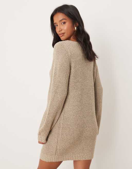 JDY Petite wide neck knit mini sweater dress in beige | ASOS