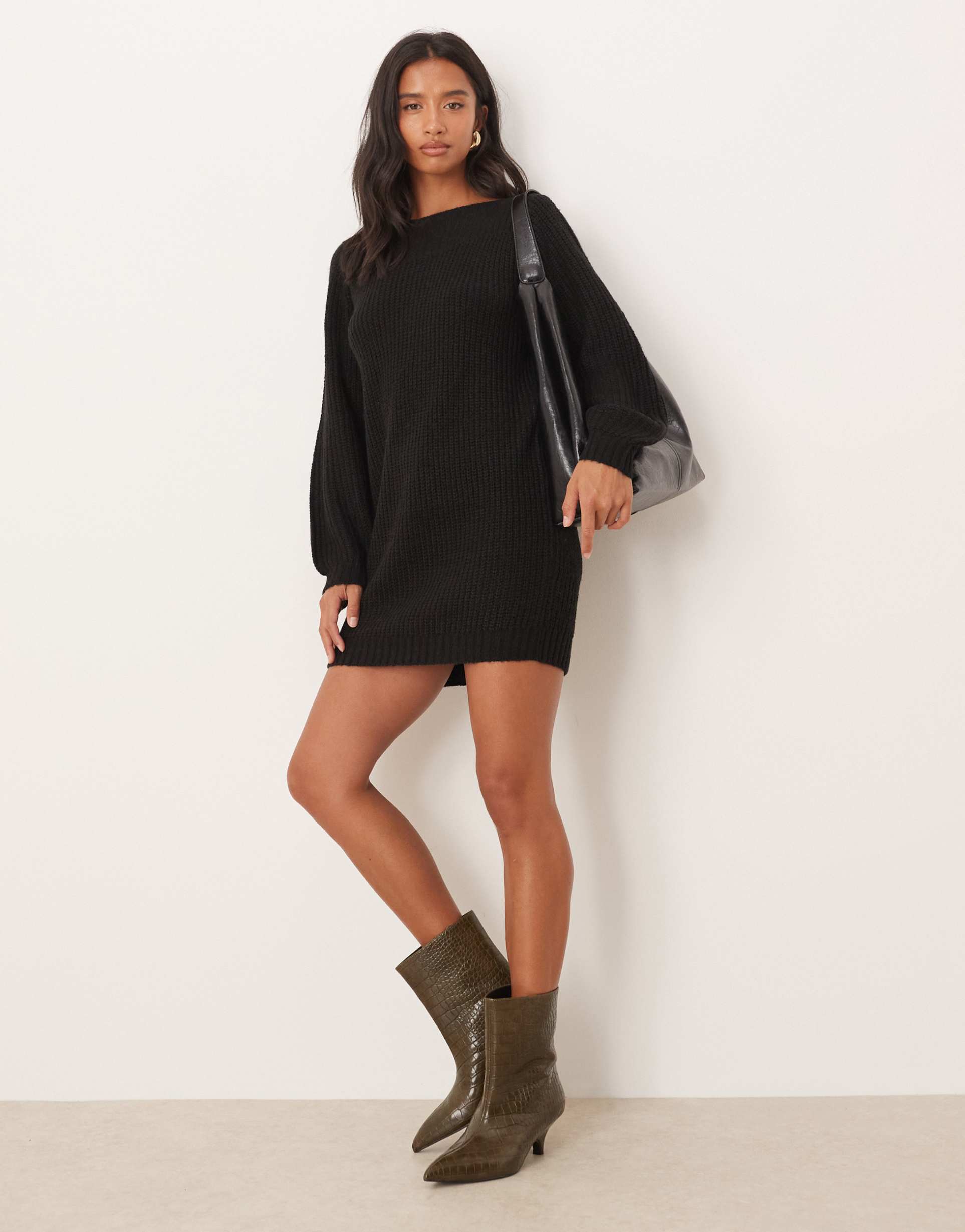 jdy petite wide neck knit mini sweater dress in black