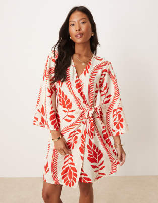 wrap dress beige in red floral print