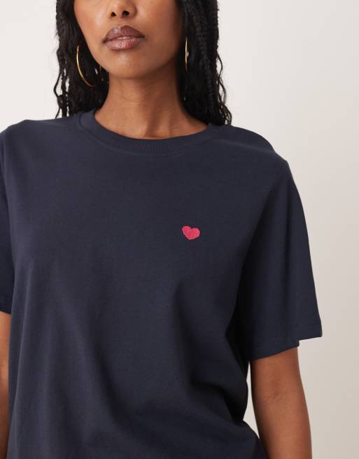 JDY pink heart print t-shirt in navy, 3 of 4