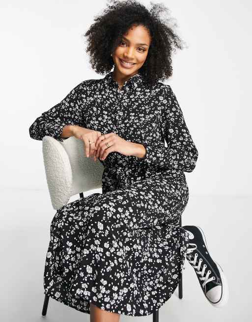 JDY - Piper - Robe chemise mi-longue - Noir à petites fleurs