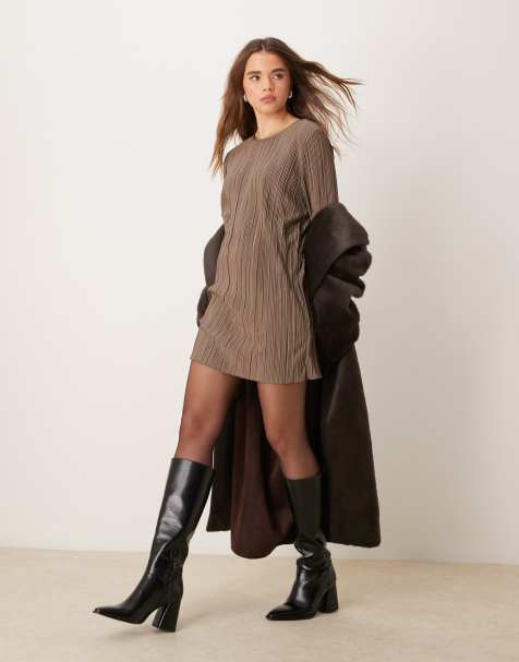 JDY plisse flute sleeves mini dress in light brown - view 1