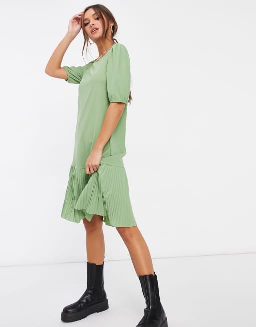 JDY - Plissé midi-jurk met ruches aan de zoom in groen