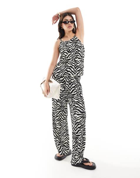 JDY plisse tank top co-ord in black & white zebra print - view 1