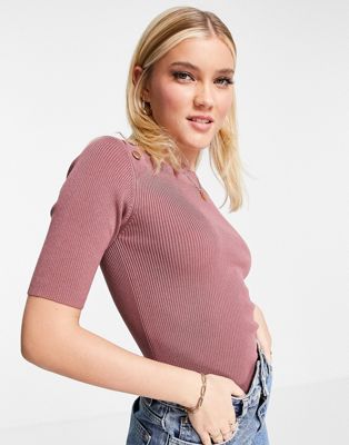 JDY plum celine short sleeve button pullover knit in dark pink