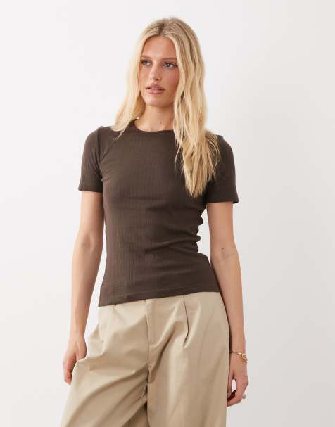 JDY pointelle t-shirt in chocolate brown - view 1