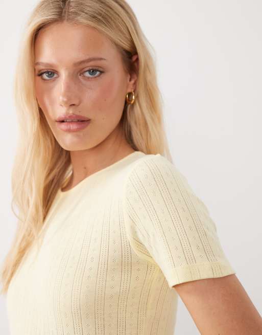 JDY pointelle t-shirt in light yellow, 2 of 4