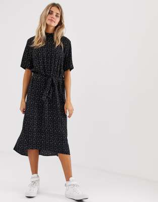 polka dot waist tie midi dress