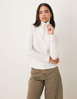 JDY - Polo en maille à col zippé - Blanc