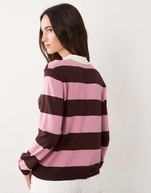 JDY polo en maille à rayures roses et marron, 3 de 4