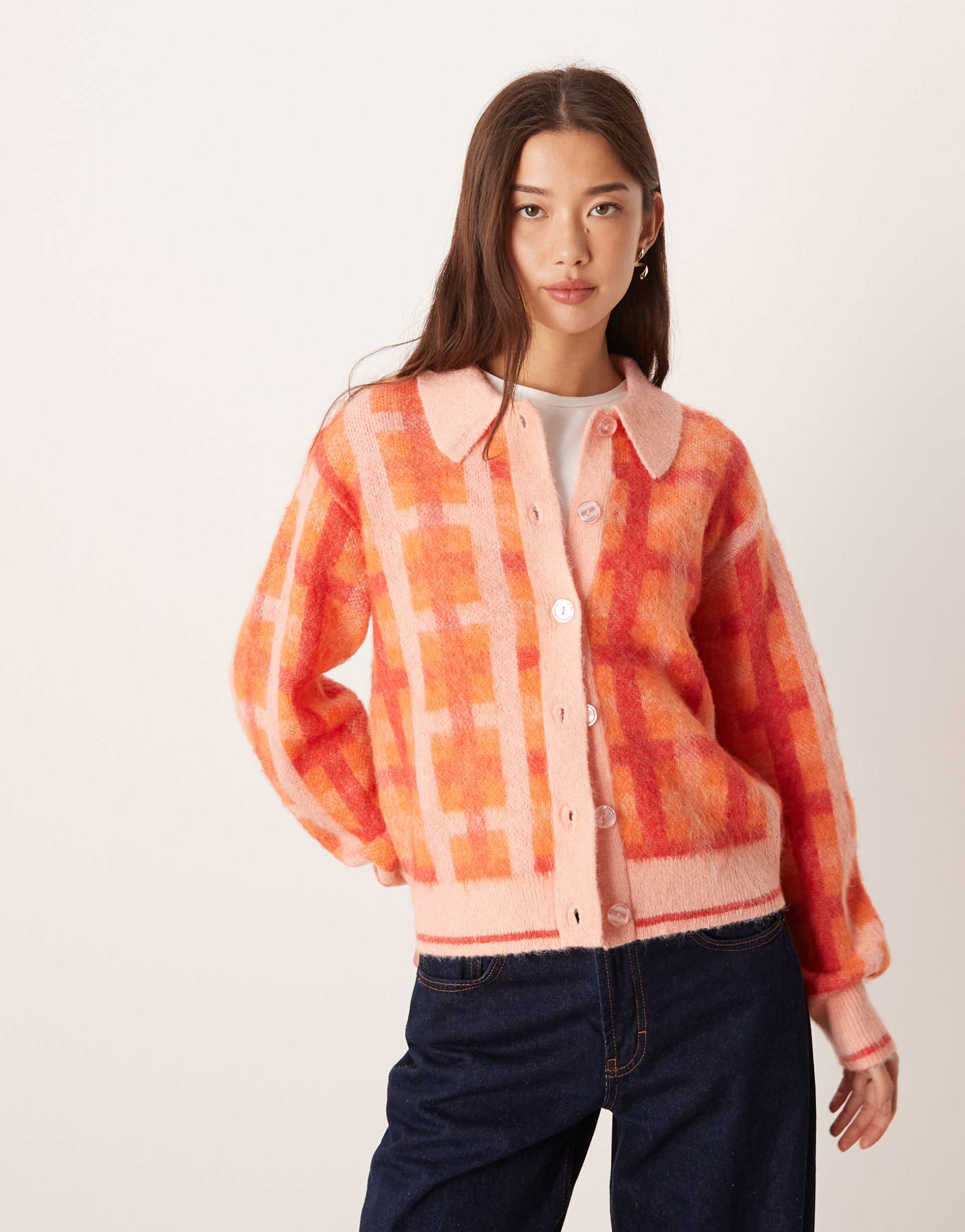 jdy polo neck cardigan in orange check print