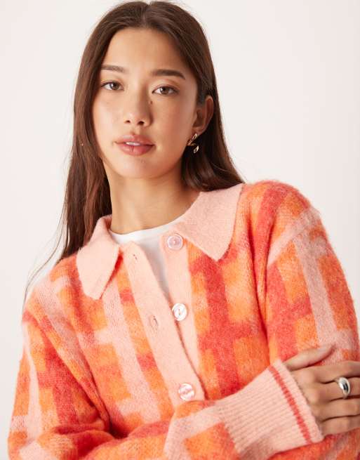 JDY polo neck cardigan in orange check print, 2 of 4