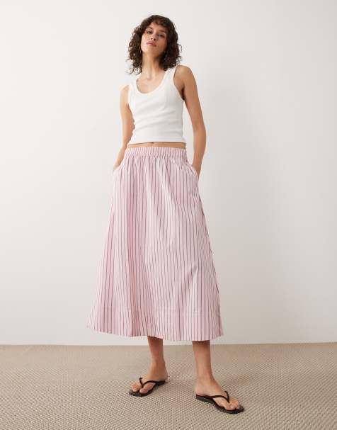 JDY poplin midaxi skirt in pink & burgundy stripes - view 1