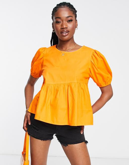 JDY poplin tiered peplum puff sleeve top in orange