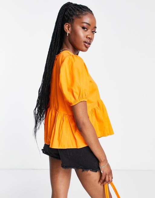 JDY poplin tiered peplum puff sleeve top in orange, 2 of 4