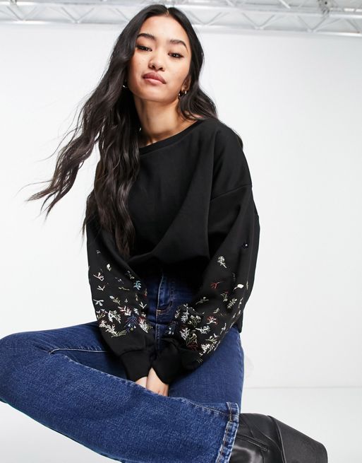 JDY Poppy sweatshirt with embroided sleeves in black | ASOS