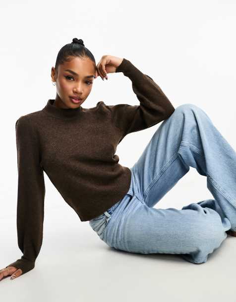 JDY puff sleeve jumper in chocolate - view 1