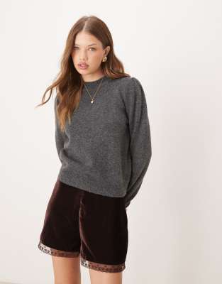 JDY puff sleeve jumper in dark grey melange