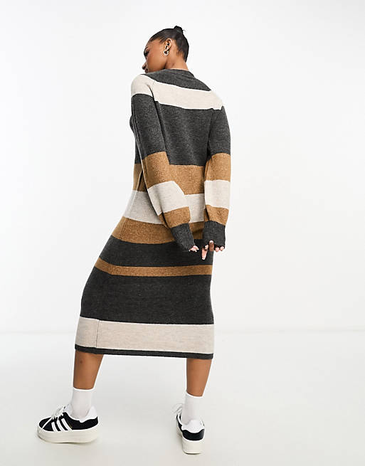 JDY puff sleeve knit maxi sweater dress in charcoal and beige stripe