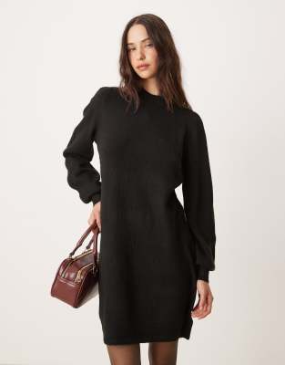 jdy puff sleeve knit mini sweater dress in black