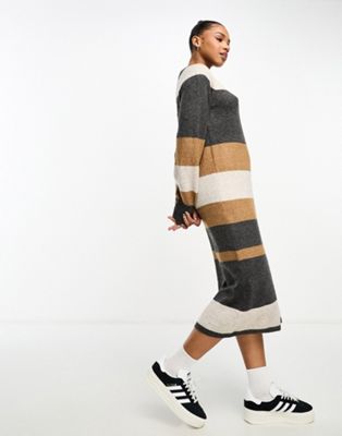JDY puff sleeve knitted maxi jumper dress in charcoal and beige stripe