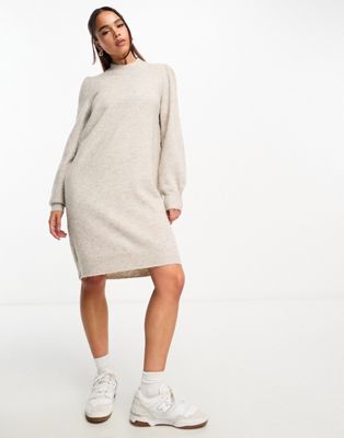 JDY puff sleeve knitted mini jumper dress in stone