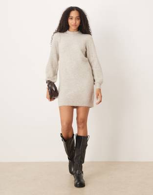 JDY JDY puff sleeve knitted mini jumper dress in stone-Grey