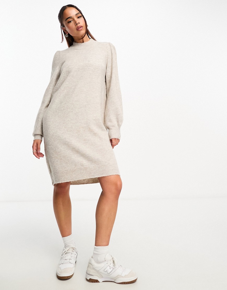 JDY puff sleeve knitted mini jumper dress in stone-Grey