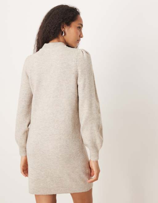 JDY puff sleeve knitted mini jumper dress in stone, 3 of 4