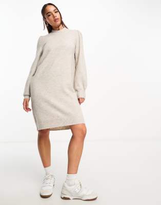 puff sleeve knitted mini sweater dress in stone-Gray