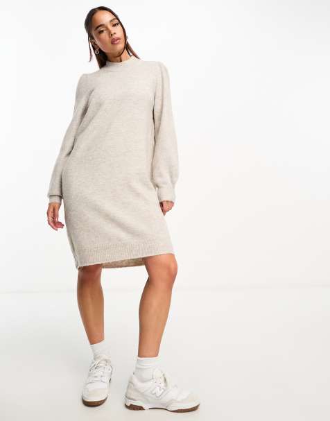 JDY puff sleeve knitted mini sweater dress in stone - view 1