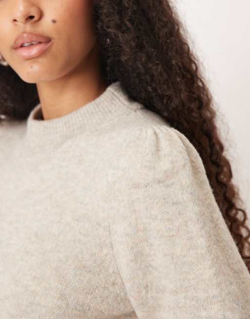 JDY puff sleeve knitted mini sweater dress in stone, 4 of 4