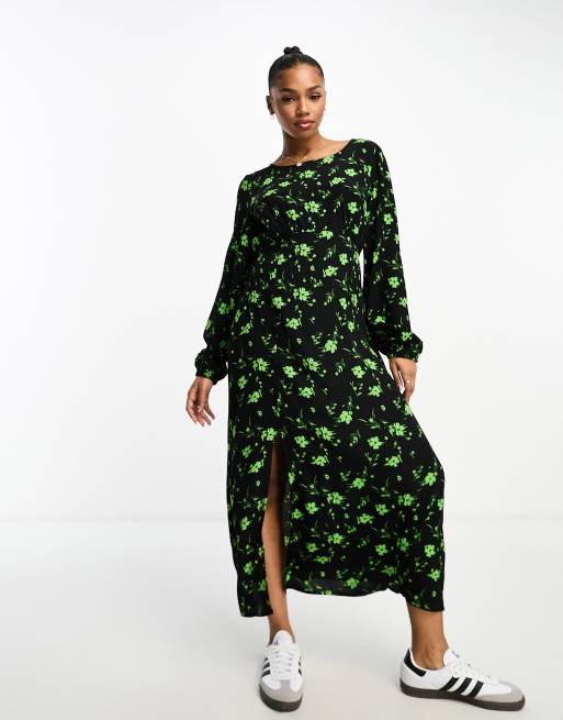 thorn & fable black & green floral midi dress Thorn & Fable Black & Green Floral Midi Dress