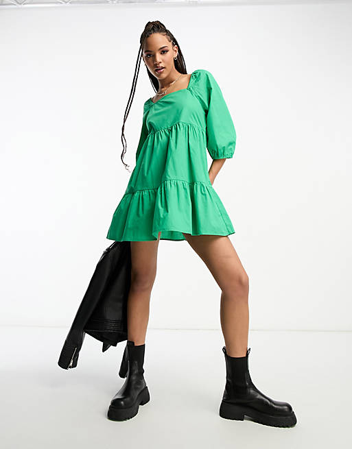 JDY puff sleeve mini smock dress in bright green, 1 of 4