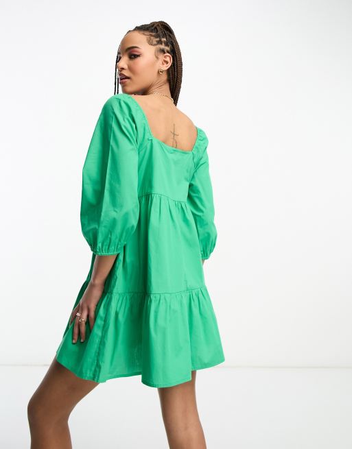 JDY puff sleeve mini smock dress in bright green | ASOS