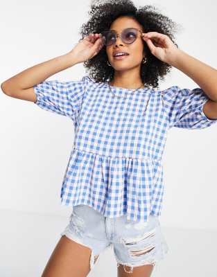 JDY puff sleeve peplum top in blue gingham check-Multi