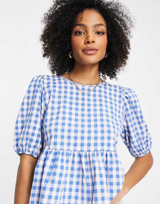 JDY puff sleeve peplum top in blue gingham check