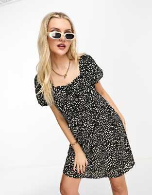 JDY puff sleeve smock mini dress in black and white spot | ASOS