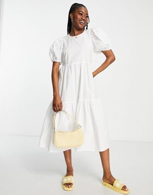 JDY puff sleeve tiered midi smock dress in white | ASOS