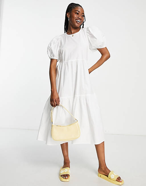 JDY puff sleeve tiered midi smock dress in white