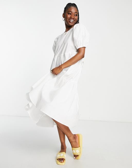 JDY puff sleeve tiered midi smock dress in white