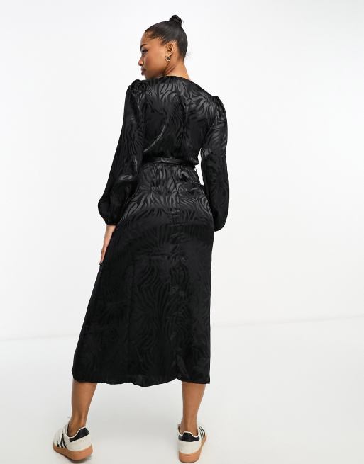 JDY puff sleeve wrap jacquard midi dress in black zebra