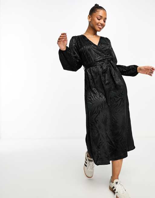 JDY puff sleeve wrap jacquard midi dress in black zebra