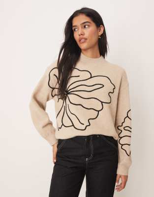 Pull avec fleurs surpiquées - Beige-Neutre L