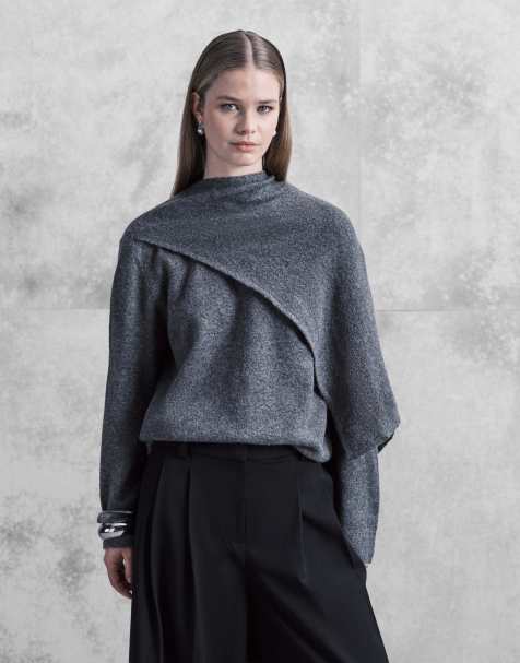 JDY - Pull en maille à détail foulard - Gris foncé - view 1