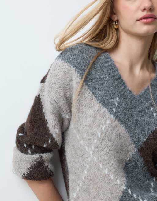 JDY pull en maille à losanges marron et gris, 4 de 5