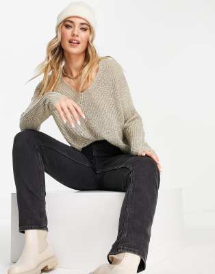 JDY - Pull léger à col V - Beige-Sans opinion