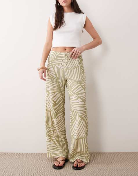 JDY pull on pants in green abstract print - view 1